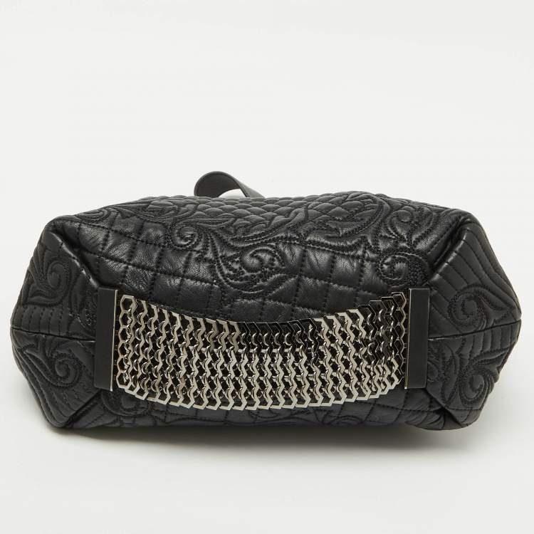 Pre Owned Versace Black Leather Quilted Embroidered Zip Satchel
