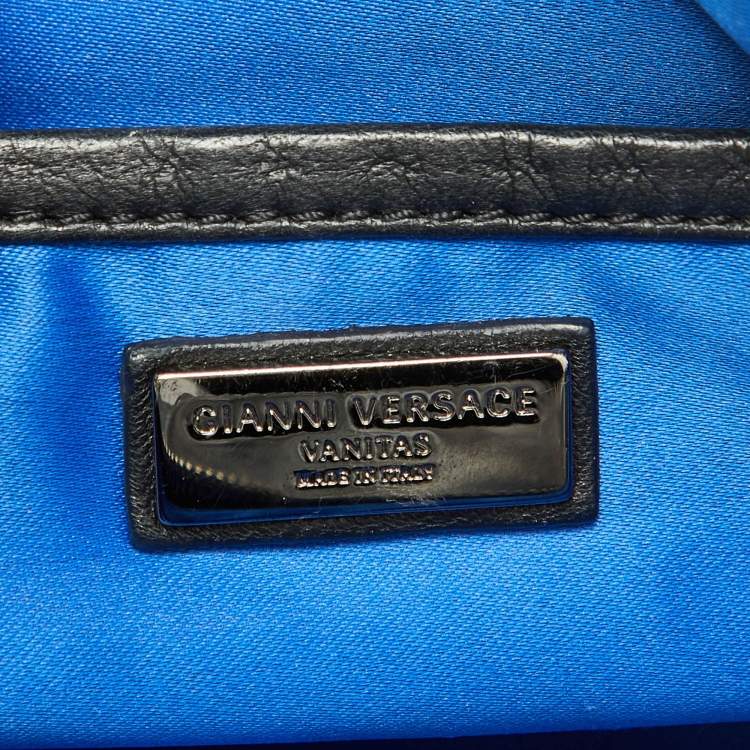 Pre Owned Versace Black Leather Quilted Embroidered Zip Satchel