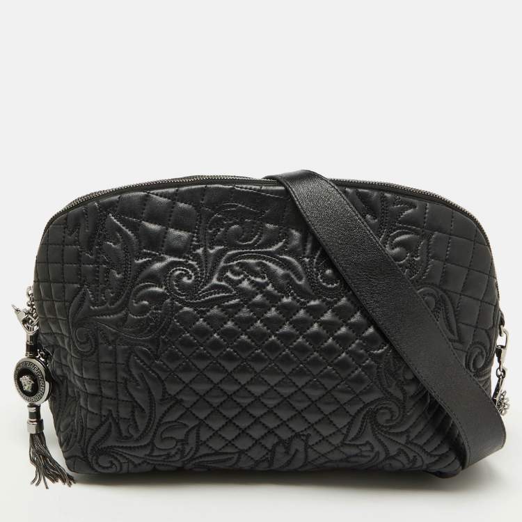Pre Owned Versace Black Leather Quilted Embroidered Zip Satchel