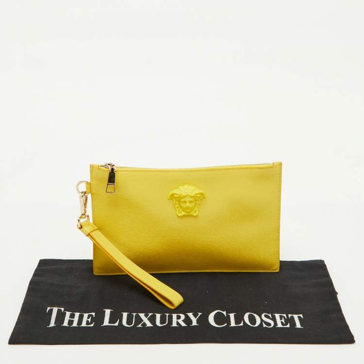 Pre Owned Versace Yellow Leather La Medusa Wristlet Zip Pouch