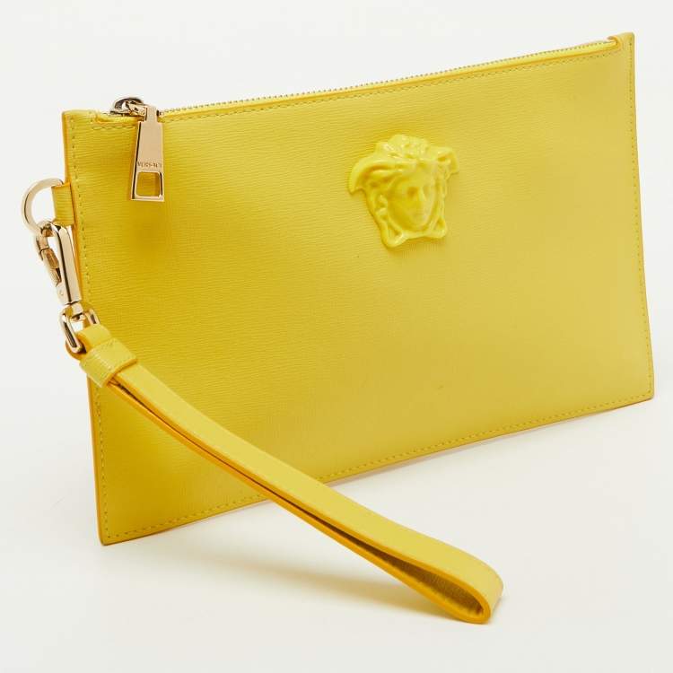 Pre Owned Versace Yellow Leather La Medusa Wristlet Zip Pouch