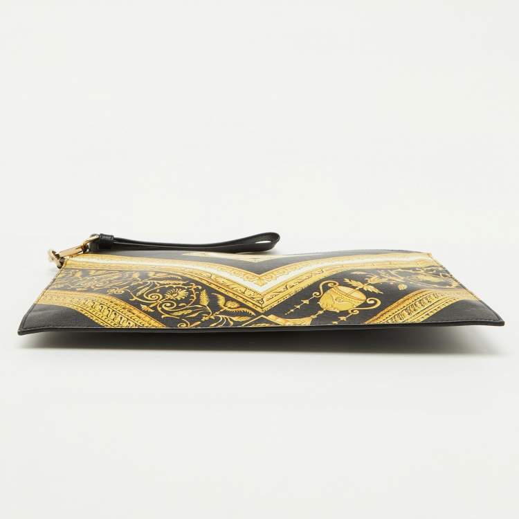 Pre Owned Versace Black Leather Baroque Medusa Print Wristlet Pouch