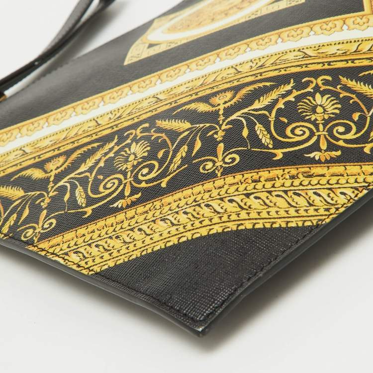 Pre Owned Versace Black Leather Baroque Medusa Print Wristlet Pouch
