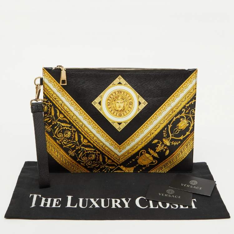 Pre Owned Versace Black Leather Baroque Medusa Print Wristlet Pouch