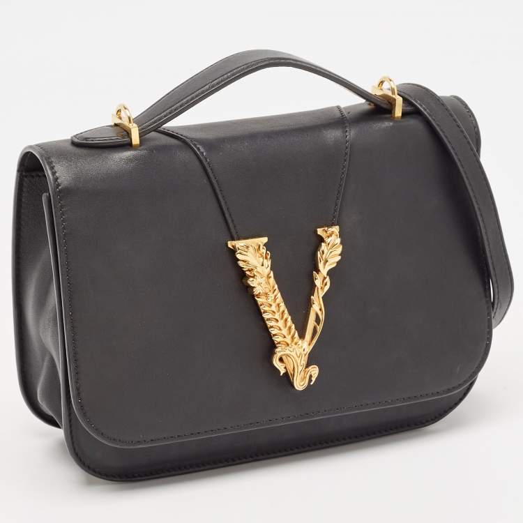 Pre Owned Versace Black Leather Virtus Shoulder Bag
