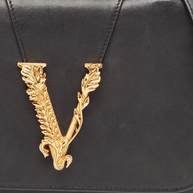 Pre Owned Versace Black Leather Virtus Shoulder Bag