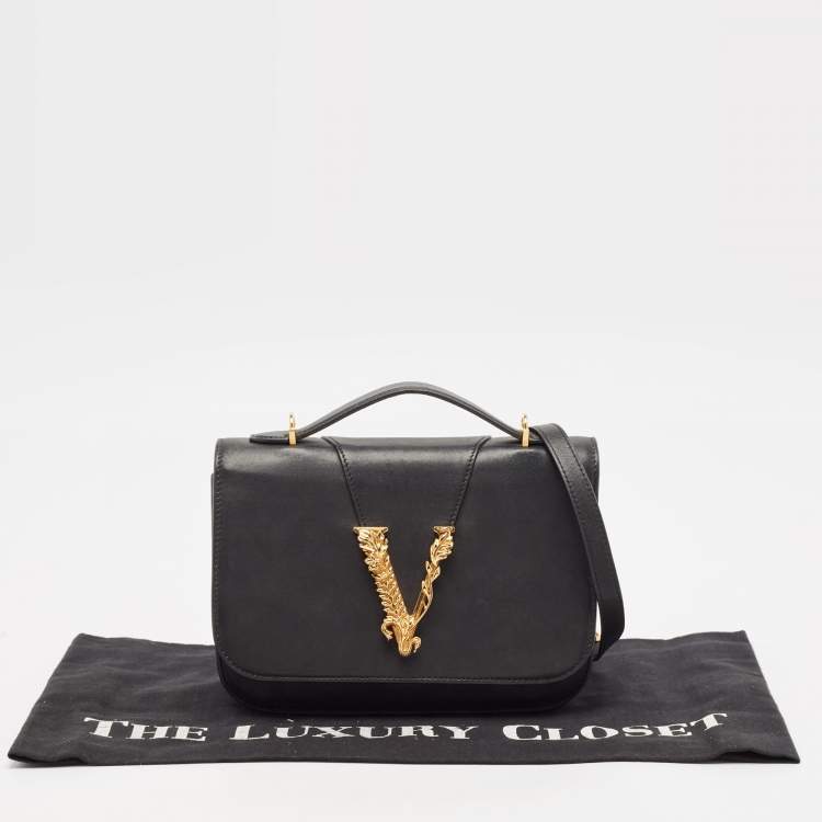 Pre Owned Versace Black Leather Virtus Shoulder Bag