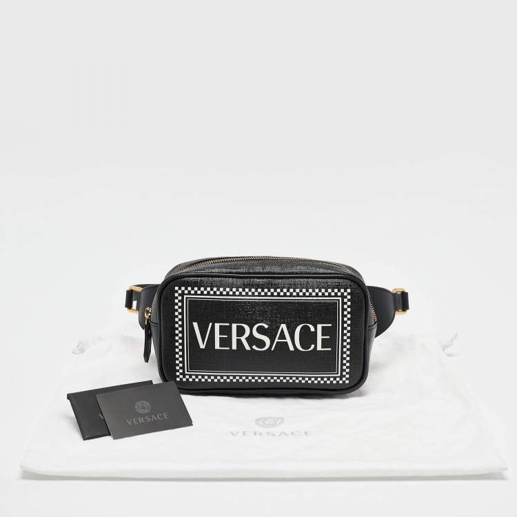 Pre Owned Versace Black Leather Logo Print Belt Bag