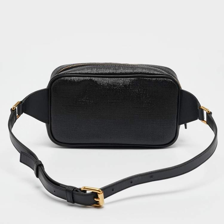 Pre Owned Versace Black Leather Logo Print Belt Bag
