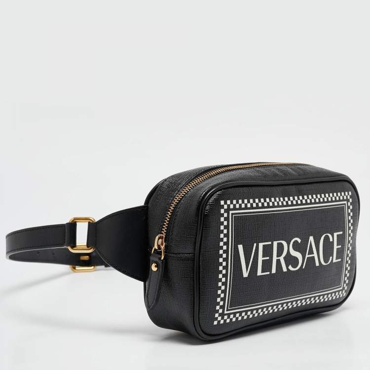 Pre Owned Versace Black Leather Logo Print Belt Bag