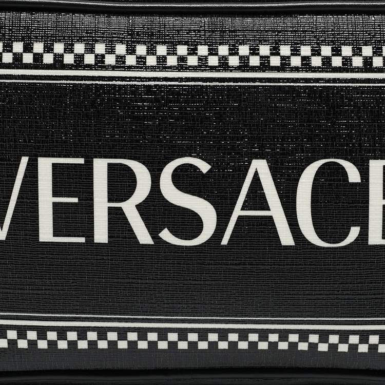 Pre Owned Versace Black Leather Logo Print Belt Bag