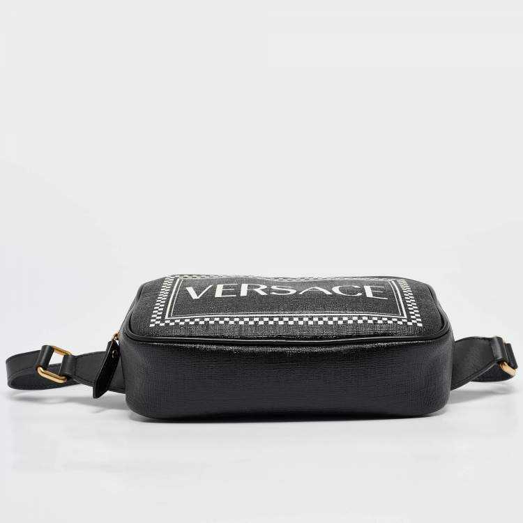 Pre Owned Versace Black Leather Logo Print Belt Bag