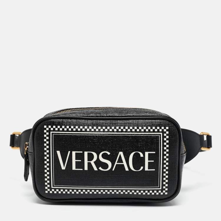 Pre Owned Versace Black Leather Logo Print Belt Bag