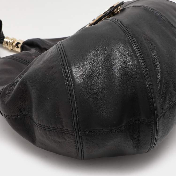 Pre Owned Versace Black Leather Crystal Embellished Flap Hobo