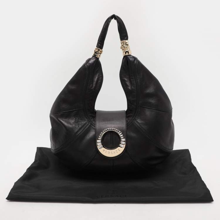Pre Owned Versace Black Leather Crystal Embellished Flap Hobo