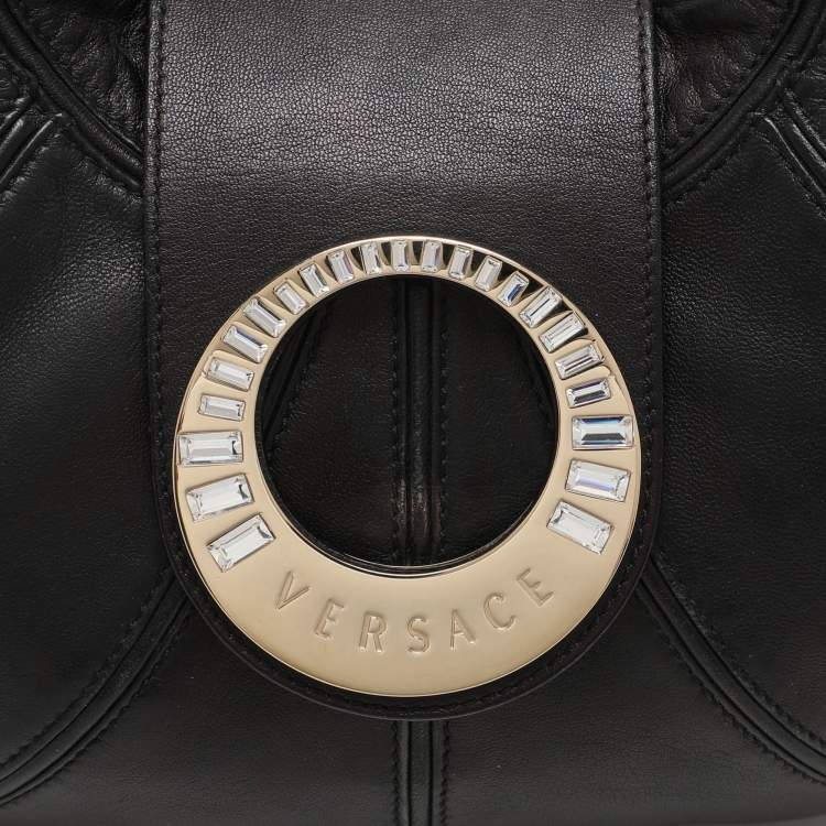 Pre Owned Versace Black Leather Crystal Embellished Flap Hobo