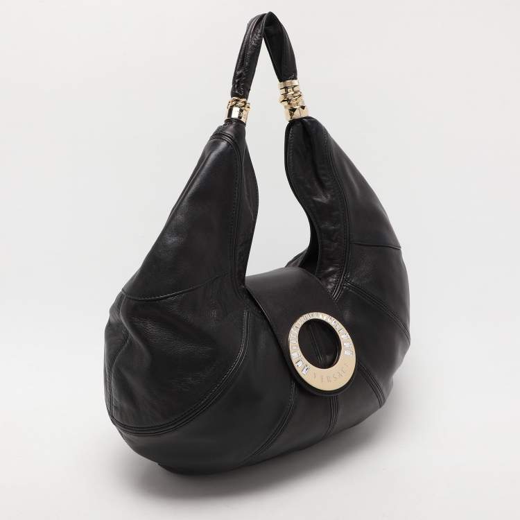 Pre Owned Versace Black Leather Crystal Embellished Flap Hobo