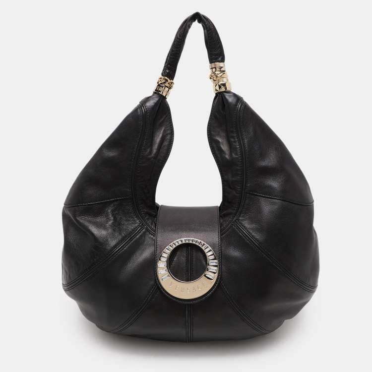 Pre Owned Versace Black Leather Crystal Embellished Flap Hobo