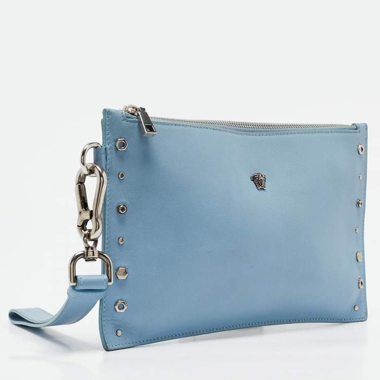 Pre Owned Versace Blue Leather Studded Medusa Wristlet Pouch