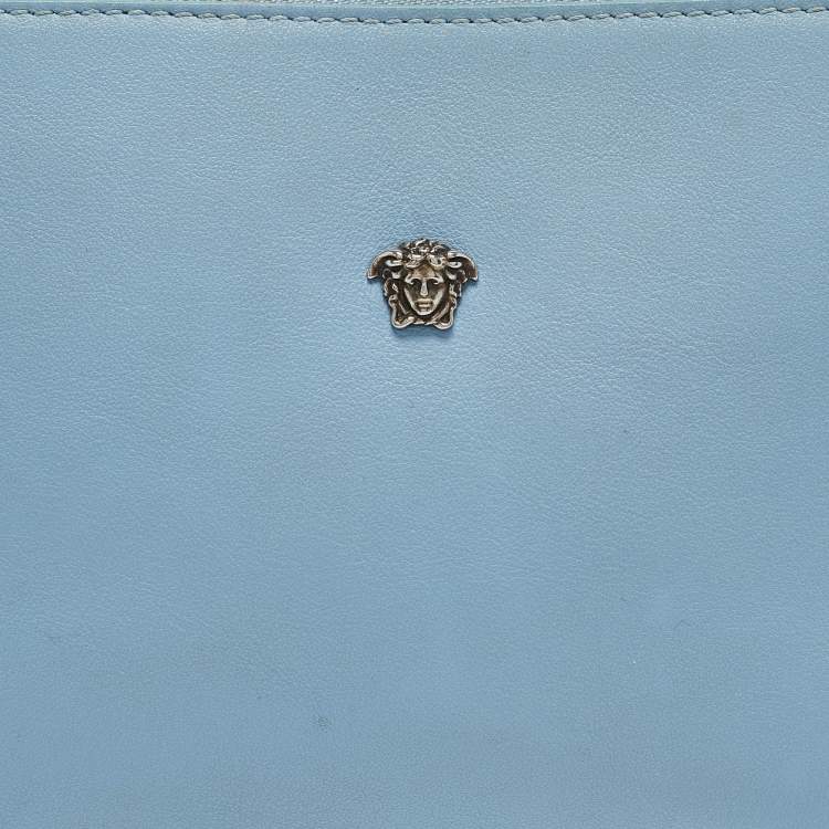 Pre Owned Versace Blue Leather Studded Medusa Wristlet Pouch