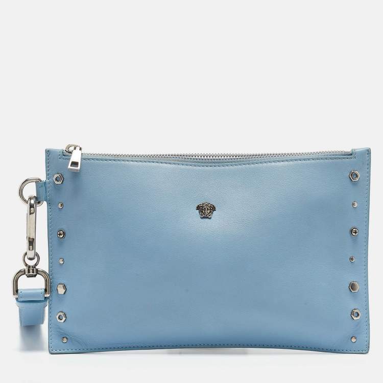 Pre Owned Versace Blue Leather Studded Medusa Wristlet Pouch