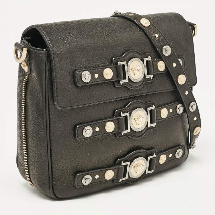 Pre Owned Versace Black Leather Medusa Studded Flap Crossbody Bag