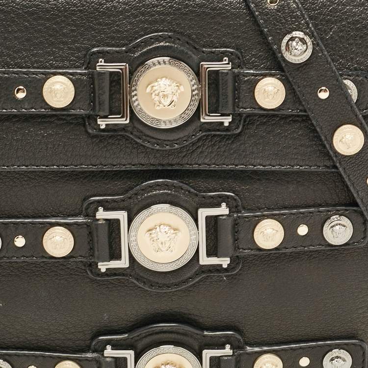 Pre Owned Versace Black Leather Medusa Studded Flap Crossbody Bag