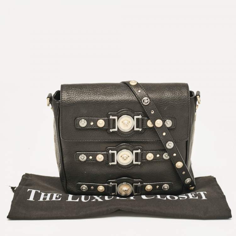 Pre Owned Versace Black Leather Medusa Studded Flap Crossbody Bag