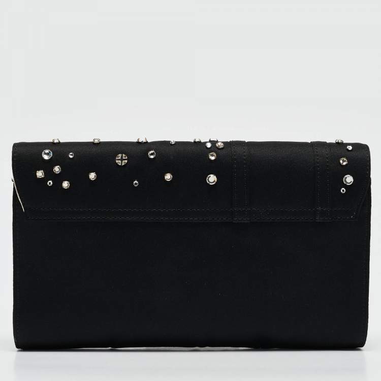 Pre Owned Versace Black Satin Studded Crystals Medusa Logo Clutch