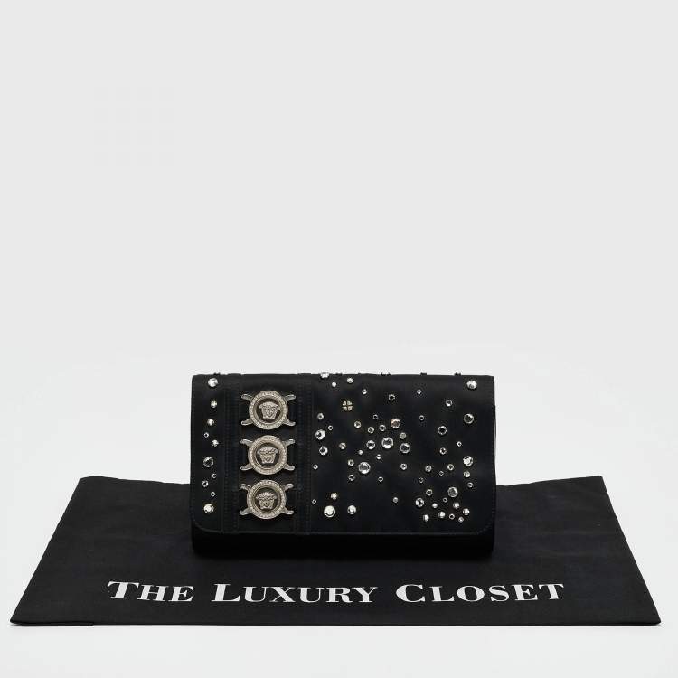 Pre Owned Versace Black Satin Studded Crystals Medusa Logo Clutch
