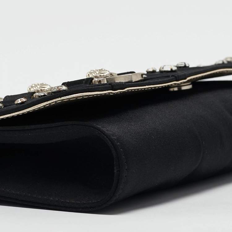 Pre Owned Versace Black Satin Studded Crystals Medusa Logo Clutch