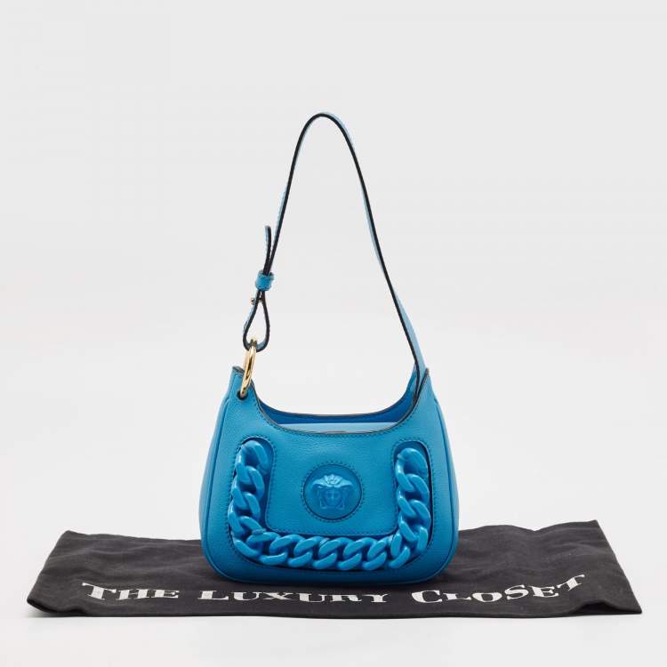 Pre Owned Versace Blue Leather Small La Medusa Chain Hobo