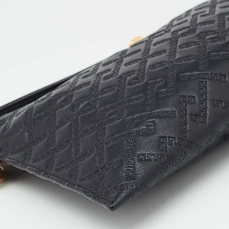 Pre Owned Versace Black Monogram Embossed Leather Medusa Zip Pouch