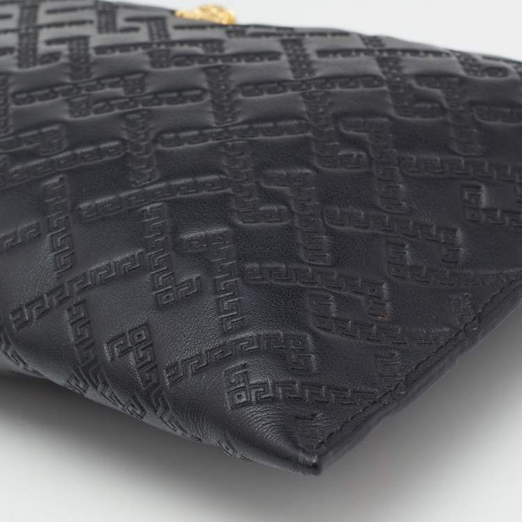 Pre Owned Versace Black Monogram Embossed Leather Medusa Zip Pouch