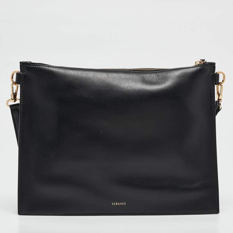 Pre Owned Versace Black Leather Virtus Crossbody Bag