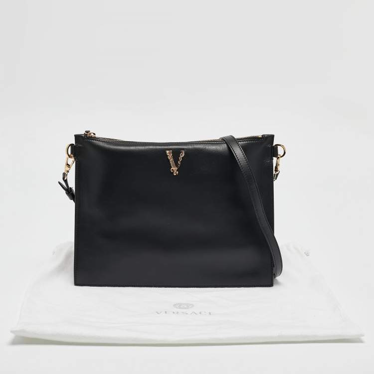 Pre Owned Versace Black Leather Virtus Crossbody Bag