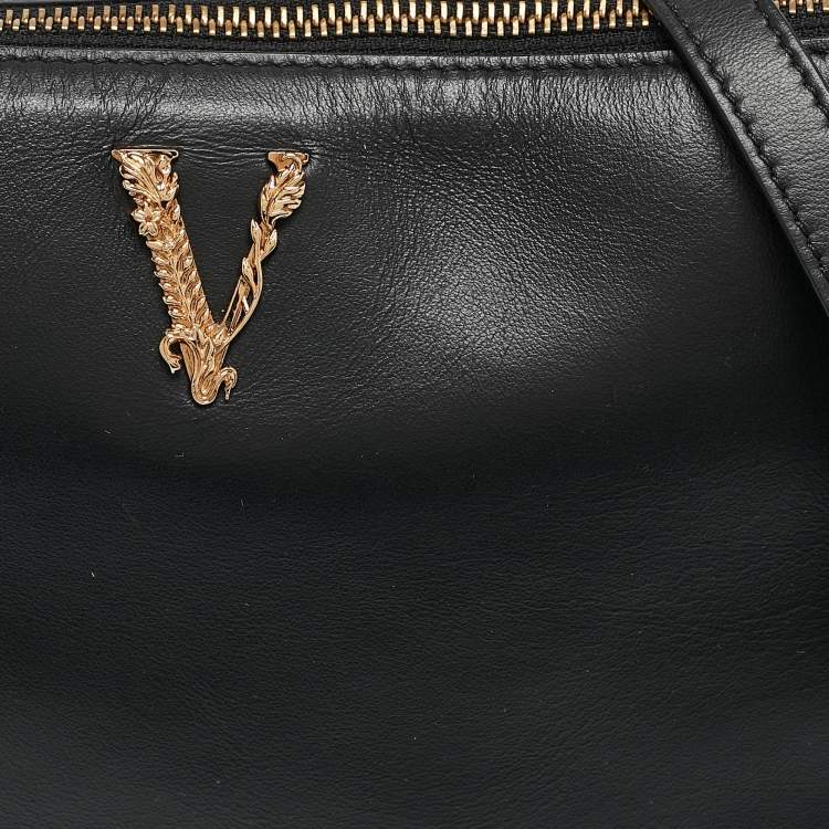 Pre Owned Versace Black Leather Virtus Crossbody Bag