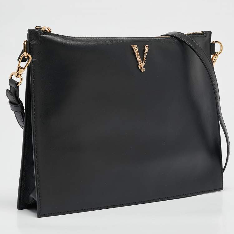 Pre Owned Versace Black Leather Virtus Crossbody Bag