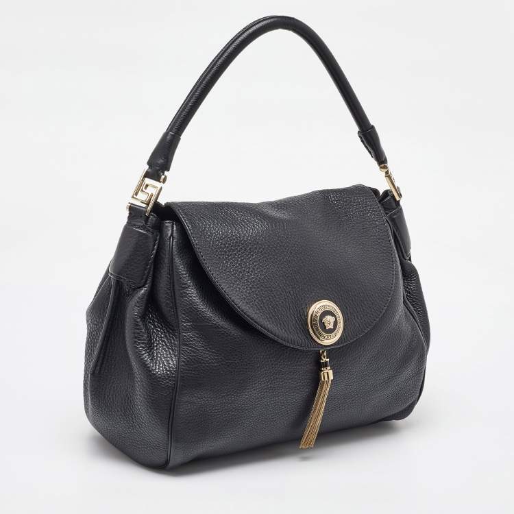 Pre Owned Versace Black Leather Altea Medusa Flap Shoulder Bag