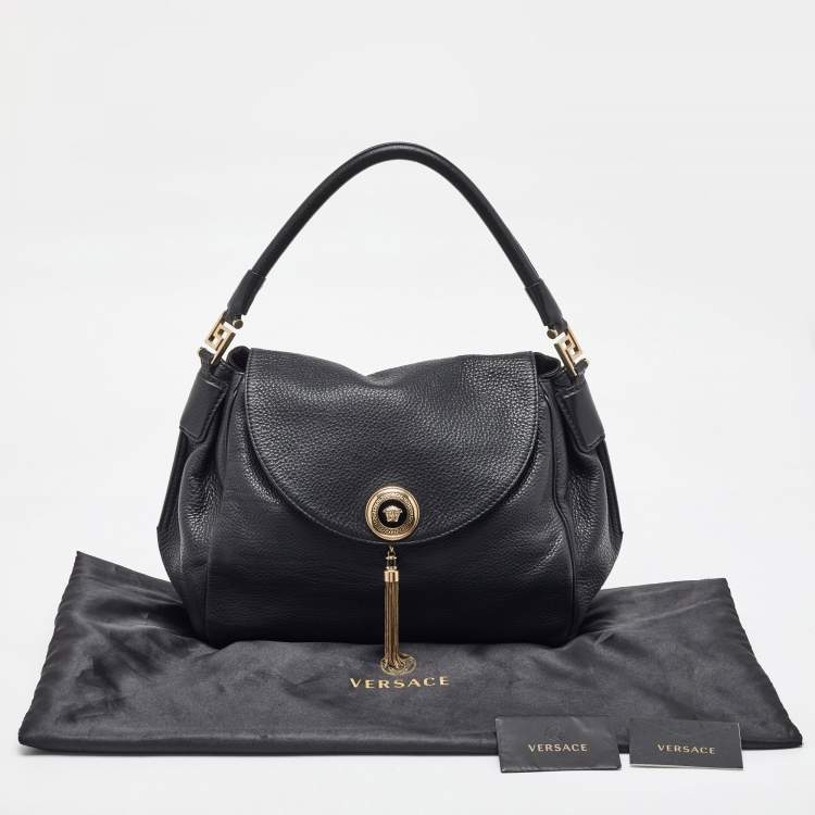 Pre Owned Versace Black Leather Altea Medusa Flap Shoulder Bag