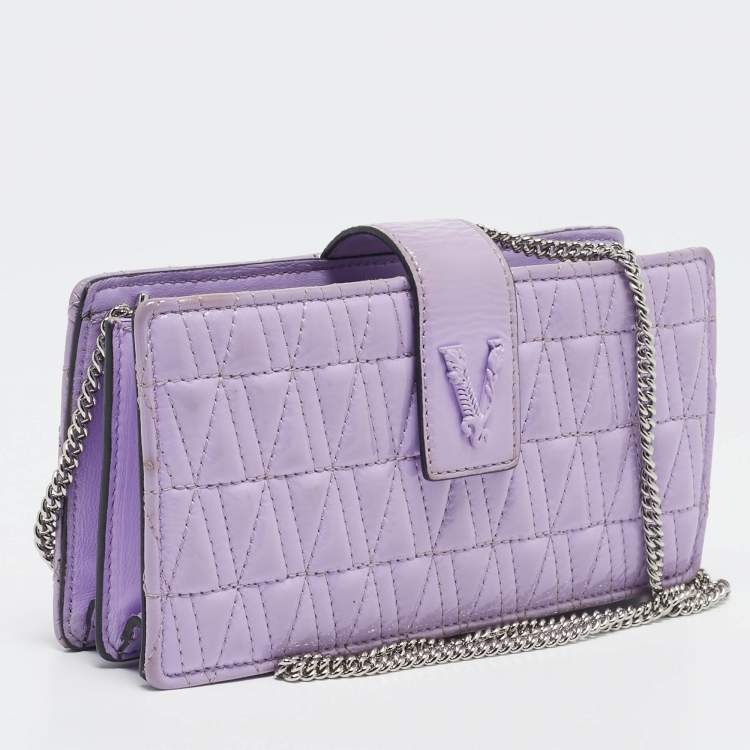 Pre Owned Versace Lilac Quilted Patent Leather Virtus Wallet on Chain