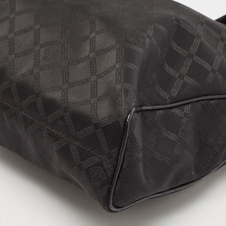 Pre Owned Versace Black Signature Fabric and Croc Embossed Leather Chain Shopper Tote