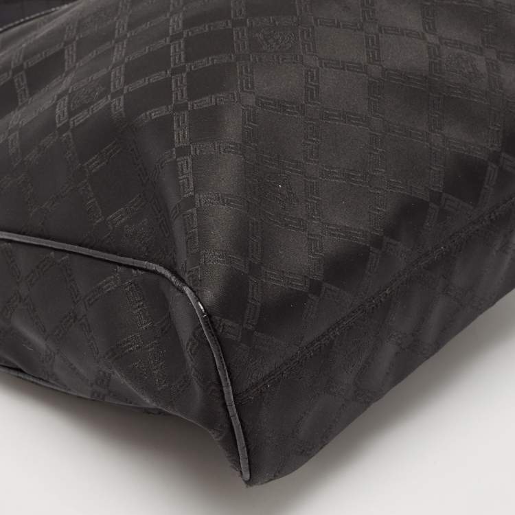 Pre Owned Versace Black Signature Fabric and Croc Embossed Leather Chain Shopper Tote