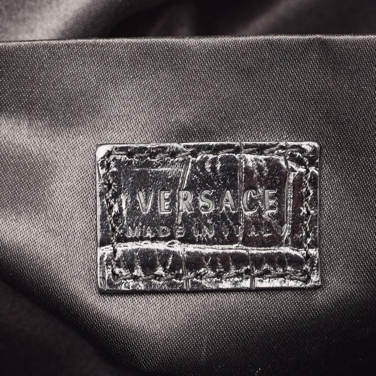 Pre Owned Versace Black Signature Fabric and Croc Embossed Leather Chain Shopper Tote