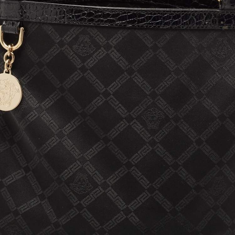 Pre Owned Versace Black Signature Fabric and Croc Embossed Leather Chain Shopper Tote