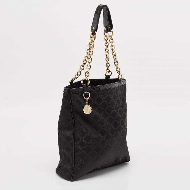 Pre Owned Versace Black Signature Fabric and Croc Embossed Leather Chain Shopper Tote