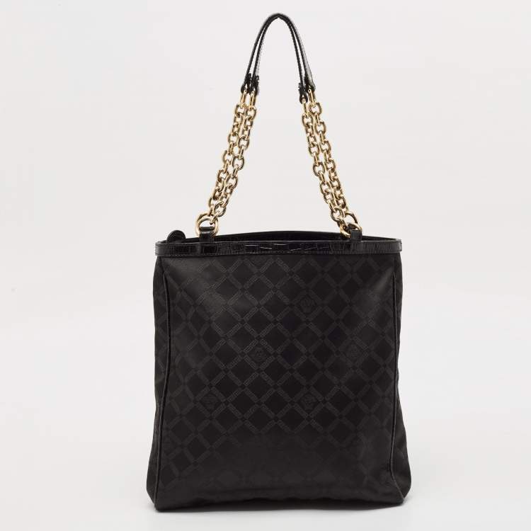 Pre Owned Versace Black Signature Fabric and Croc Embossed Leather Chain Shopper Tote