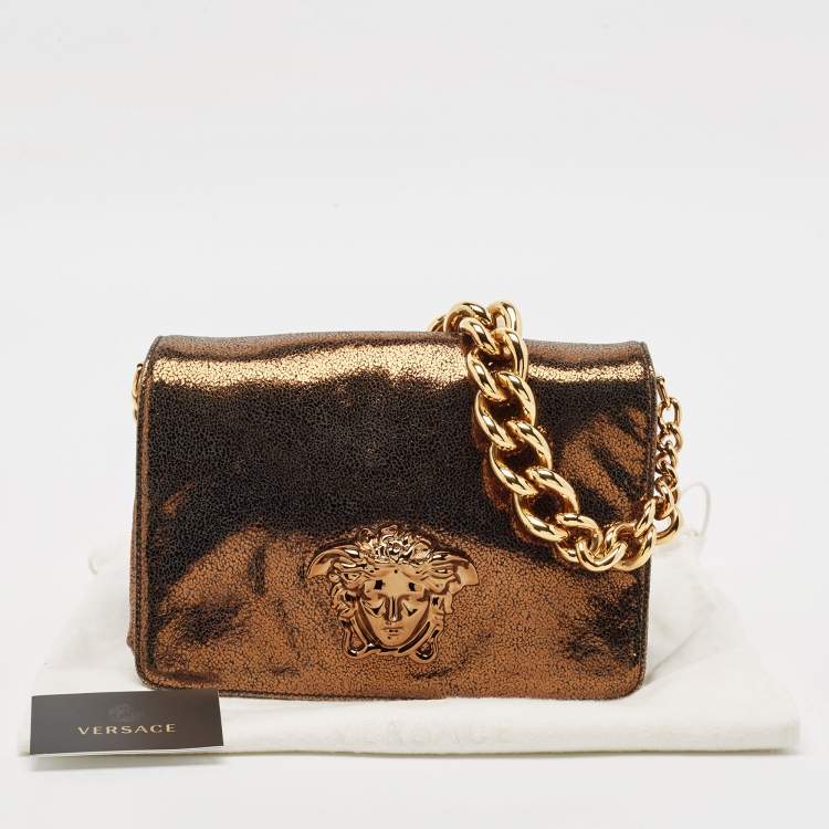 Pre Owned Versace Gold Crackled Leather Medusa Palazzo Sultan Shoulder Bag