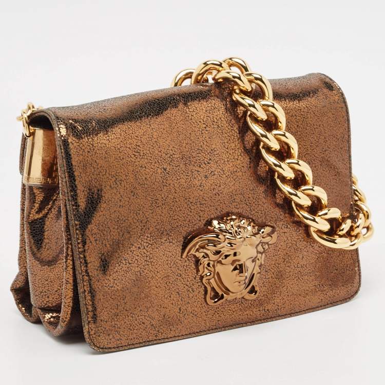 Pre Owned Versace Gold Crackled Leather Medusa Palazzo Sultan Shoulder Bag