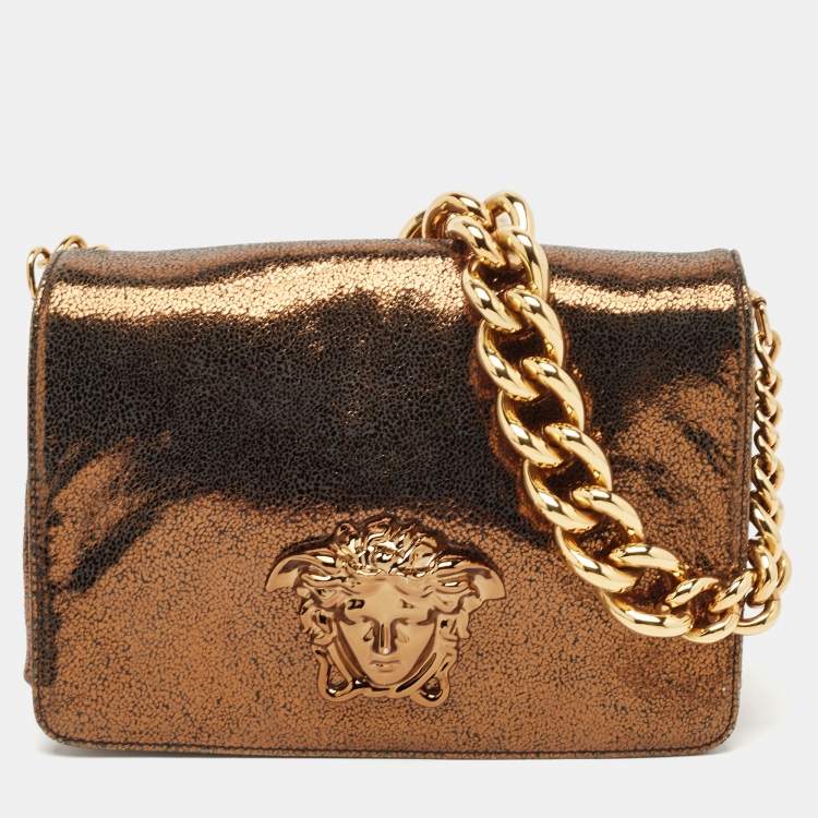 Pre Owned Versace Gold Crackled Leather Medusa Palazzo Sultan Shoulder Bag